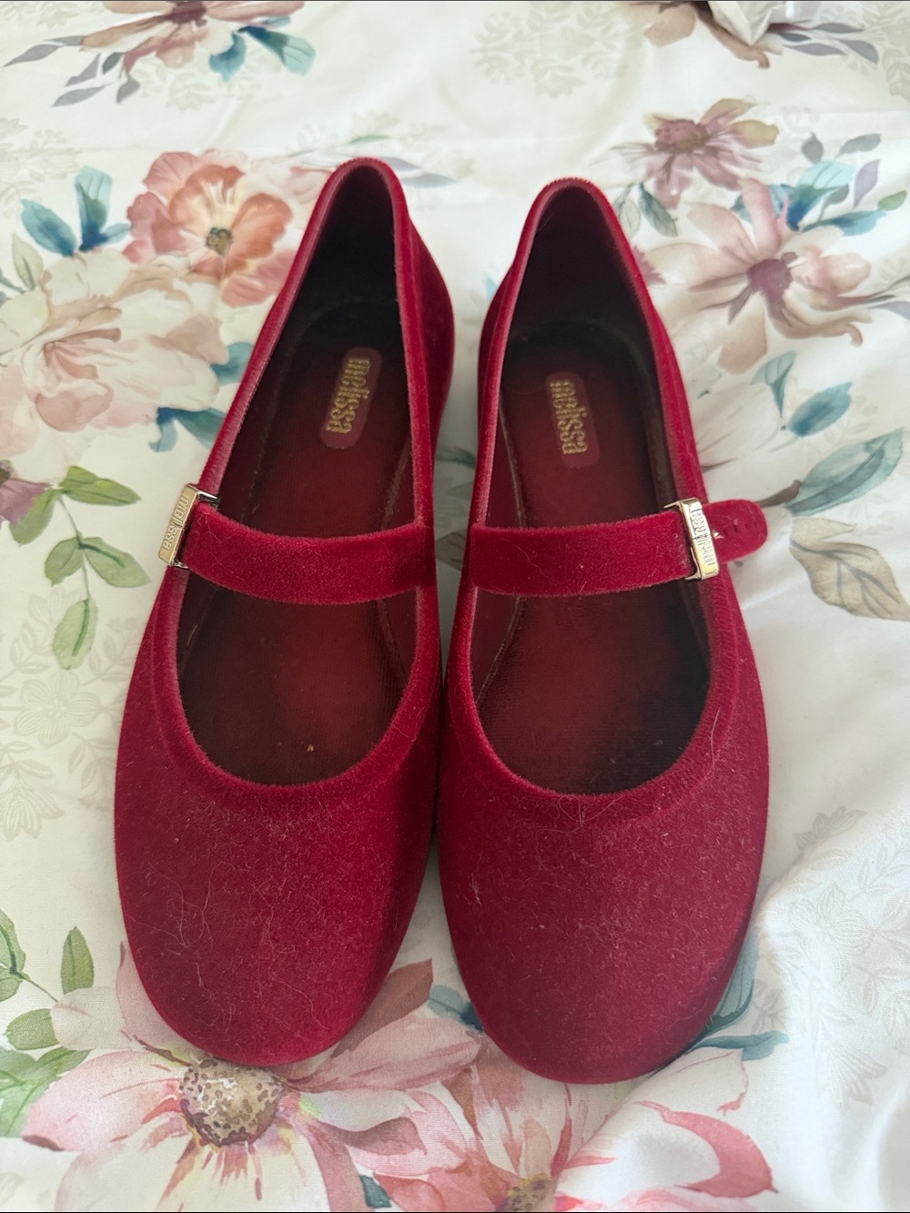 Melissa Burgundy Velvet Mary Jane Flats with Gold Buckle